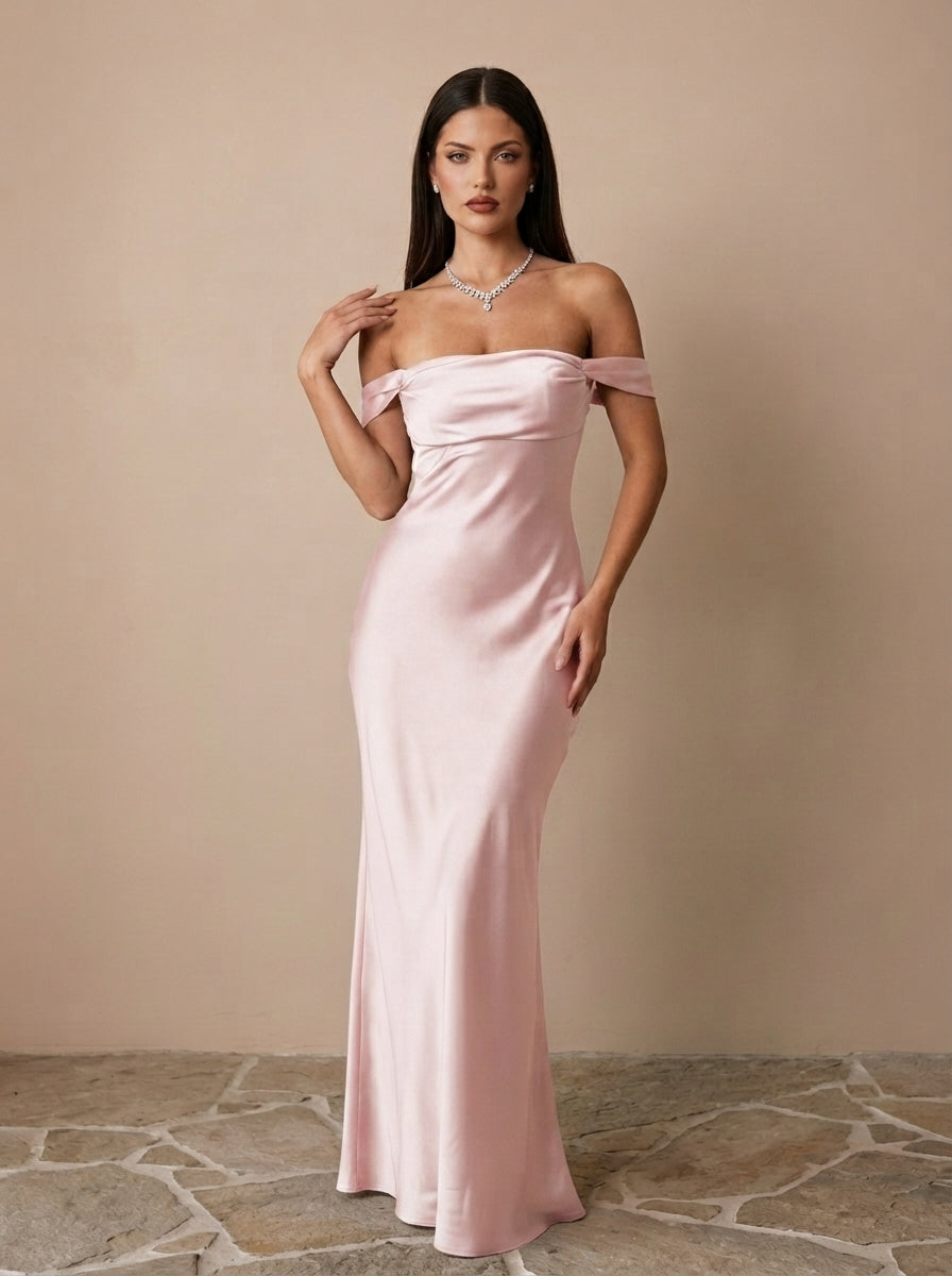Pink Satin Off-Shoulder Maxi Dress for Wedding Guest